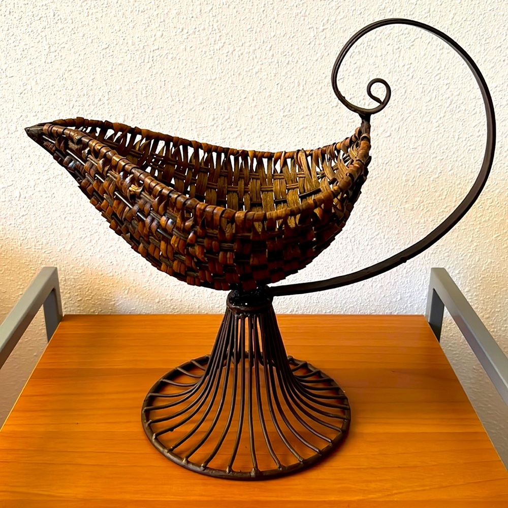 Vintage Wrought Iron Rattan Woven Serving Basket